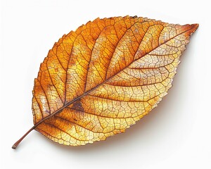 A single, golden autumn leaf, detailed veins visible, on white