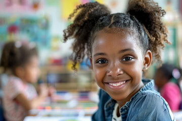 A young Afro-American girl smiles at the camera, immersed in an art and creativity class, showcasing her joy in learning and expression.