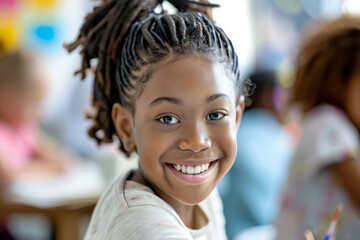 A young Afro-American girl smiles at the camera, immersed in an art and creativity class, showcasing her joy in learning and expression.