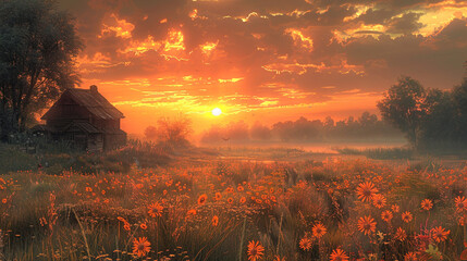 Golden hour casting a soft glow over a peaceful countryside dotted with quaint cottages - obrazy, fototapety, plakaty
