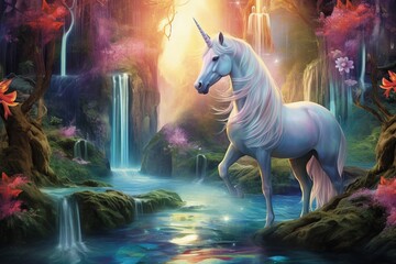 Obraz na płótnie Canvas In a novels vivid scene a majestic unicorn drinks from a crystal-clear waterfall