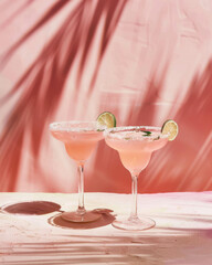 Two pink margaritas with salted rim and garnished fresh green slice of  lime on top, light pastel pink background. Sunlight, shadows, summer drinks idea.