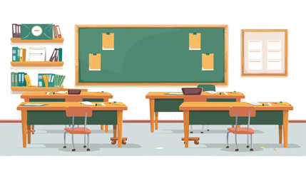 Empty school classroom with green chalkboard teachers