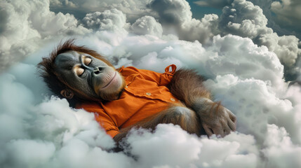 Illustration of an orangutan wearing an orange nightgown resting and sleeping soundly above the clouds - obrazy, fototapety, plakaty