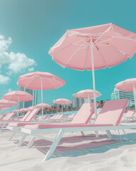 A aesthetic photo of pink and white beach chairs lined up on Miami Beach with umbrellas and buildings in the background, giving an aesthetic vibe with cool pastel colors. Summer concept.