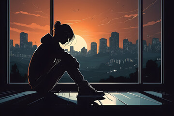 Depression in society. Sad woman struggling with depression. - obrazy, fototapety, plakaty