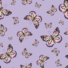 Fototapeta premium Delicate pink butterflies on a lilac background. Watercolor illustration. Seamless pattern. For the design of fabric, textiles, wallpaper, packaging