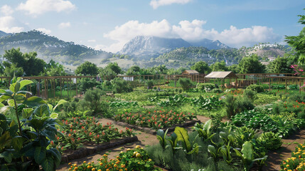 Immerse yourself in a visual ode to sustainability and green living through an AI-generated image featuring a vibrant community garden bustling with life