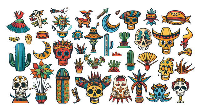 Hand drawn mexican symbols. Big colored set. All eleme