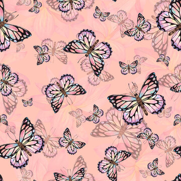 Delicate pink butterflies and lotus flowers on a peach background. Watercolor illustration. Seamless pattern. For the design of fabric, textiles, wallpaper, packaging