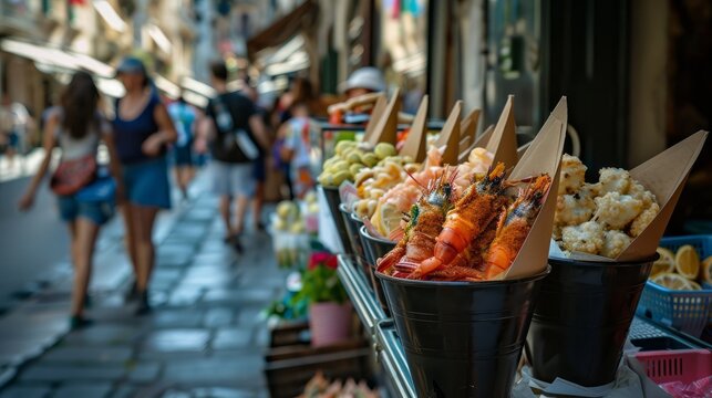 Sea food in cones on the street of Italy