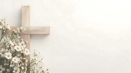 Composition with a Christian wooden cross and flowers against muted white background with space for text. Funeral invitation template