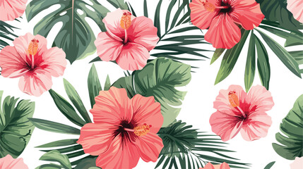 Exotic tropical flowers coral hibiscus palm leaves pa - obrazy, fototapety, plakaty