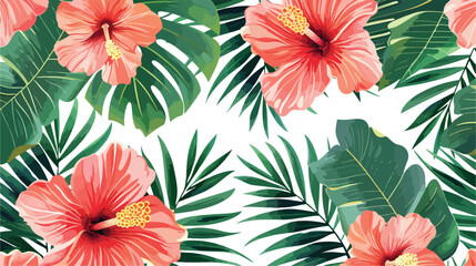 Exotic tropical flowers coral hibiscus palm leaves pa - obrazy, fototapety, plakaty