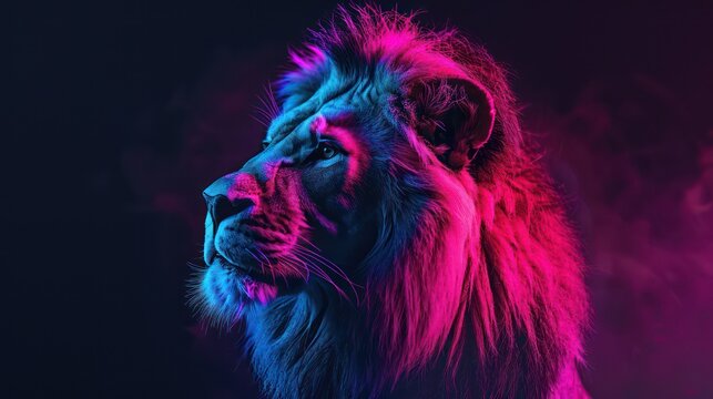 A stunning image depicting a powerful lion illuminated with neon pink and blue lights, creating a modern and artistic representation of the wild animal The contrast of colors accentuates the lion's f