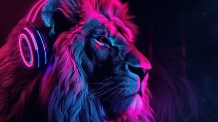 A portrait of a lion superimposed with bright neon colors and wearing modern headphones, creating a fusion of wild nature and urban tech culture - obrazy, fototapety, plakaty