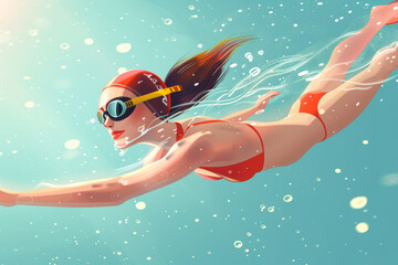 An illustration of a female swimmer underwater, wearing goggles and a red swimsuit. - obrazy, fototapety, plakaty