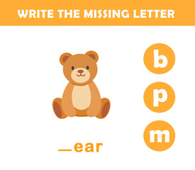 Write the missing letter. Worksheet for kids. Find missing letter worksheet for children.