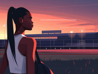 An illustration of a young woman looking at a sunset over an athletic track field. - obrazy, fototapety, plakaty