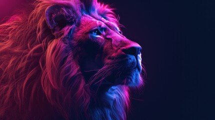Powerful image of a lion's profile enhanced with vibrant neon lighting, exemplifying regal beauty and natural majesty in a modern artistic representation