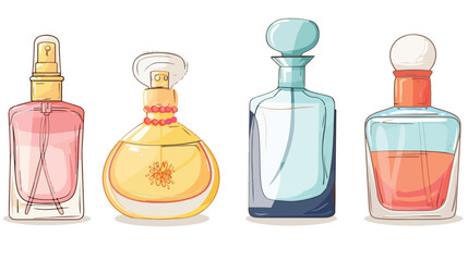 Hand drawn vector set of Four perfume products. Differ