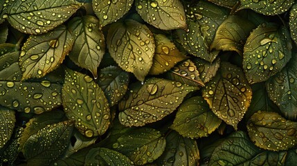A close-up of leaves covered in dew drops - obrazy, fototapety, plakaty