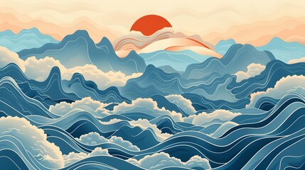 Vector illustration landscape. Wood surface texture. Hills, seascape, mountains. Japanese wave pattern. Mountain background. Asian style. Design for poster, book cover, web template, brochure - obrazy, fototapety, plakaty