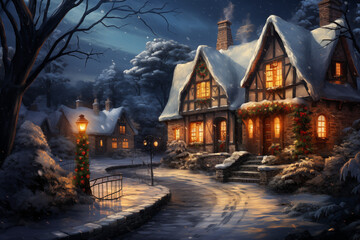 Beautiful festive Christmas scene including snow, and Christmas lights.