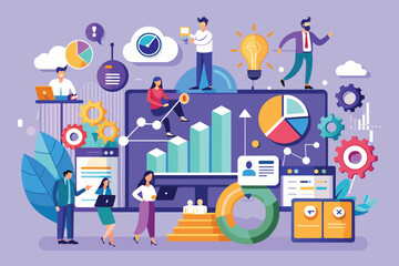 Business data analysis team working on financial reports and digital marketing strategy. People analyzing graphs and charts.