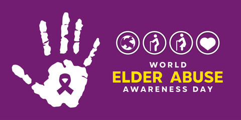 World Elder Abuse Awareness Day. Hand, ribbon, earth, people and heart. Great for cards, banners, posters, social media and more. Purple background.
