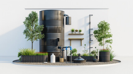 Modern water harvesting system setup with large tank, pipes, plants, and a small fountain.