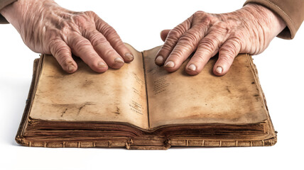 Elderly hands on an open, ancient book with yellowed pages, isolated on white.