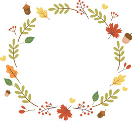 Autumn wreath with leaves, acorn and berries