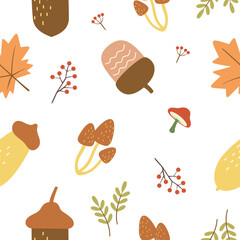 Seamless pattern of Autumn leaf, corns, nuts and mushroom