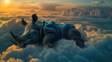 Illustration of a rhino wearing a blue nightgown resting and sleeping soundly above the clouds at dusk - obrazy, fototapety, plakaty