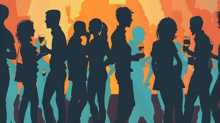 Stylized silhouette of crowd of people, casual mixed group of young adults hanging out, chatting or drinking gathered for nightlife event, simple minimal pop art style flat design vector illustration