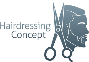 Hairdresser, hair salon or mens barbershop concept icon with silhouette black man in profile and hairdressers scissors