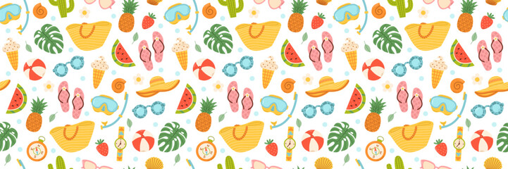 Cute summer beach elements. Vacation accessories for sea holidays. Cartoon vector seamless pattern