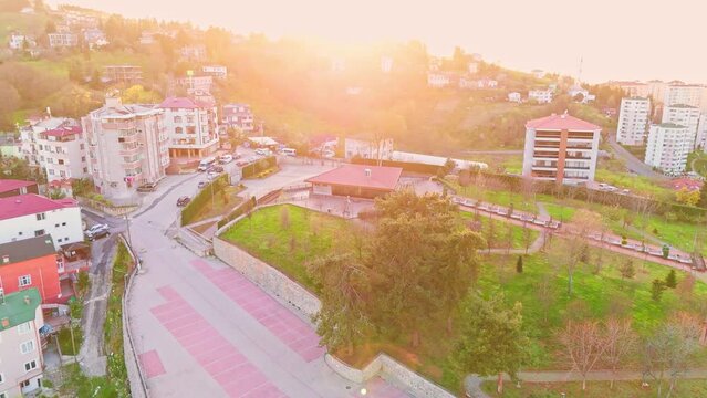 aerial view of a small town in the mountains