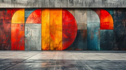 A concrete wall painted with a large-scale abstract artwork in a bold color palette, adding a...