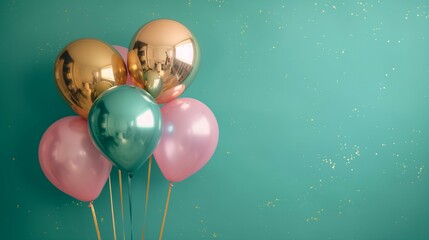 Latex and foil balloon set, turquoise, gold and pink on teal background. Creative minimal party concept.