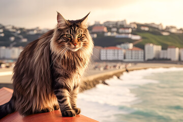 A cat with long fur is sitting on a ledge near the water.