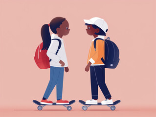 Illustration of two kids, a boy and a girl, standing on skateboards and facing each other against a plain background.
