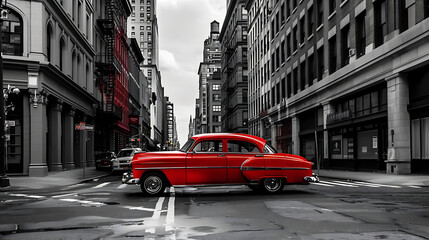A B&W photography of a city street scene with a vintage car. The car is vivid red tone