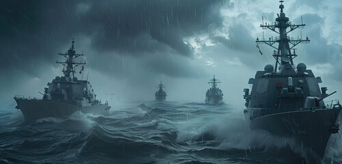 A navy fleet of warships, including the destroyer and frigate in front with a stormy sea background.