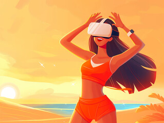 An illustration of a woman using virtual reality headset on a beach at sunset. - obrazy, fototapety, plakaty