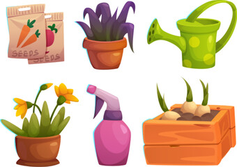 Gardening and greenhouse tools and supply. Cartoon vector illustration set of agriculture equipment and stuff - pack with carrot seeds, plants and blossom in pot, flower bulb in box, watering can.