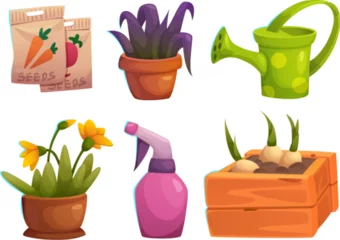 Poster Gardening and greenhouse tools and supply. Cartoon vector illustration set of agriculture equipment and stuff - pack with carrot seeds, plants and blossom in pot, flower bulb in box, watering can. © klyaksun