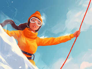 A female mountaineer in a vibrant orange jacket reaching up during a snowy ascent, with clear blue sky.