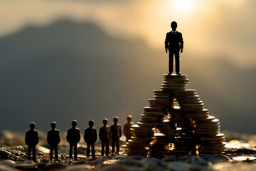 Small figurines depicting businessmen stand atop a meticulously assembled pyramid of coins, emulating success and achievement